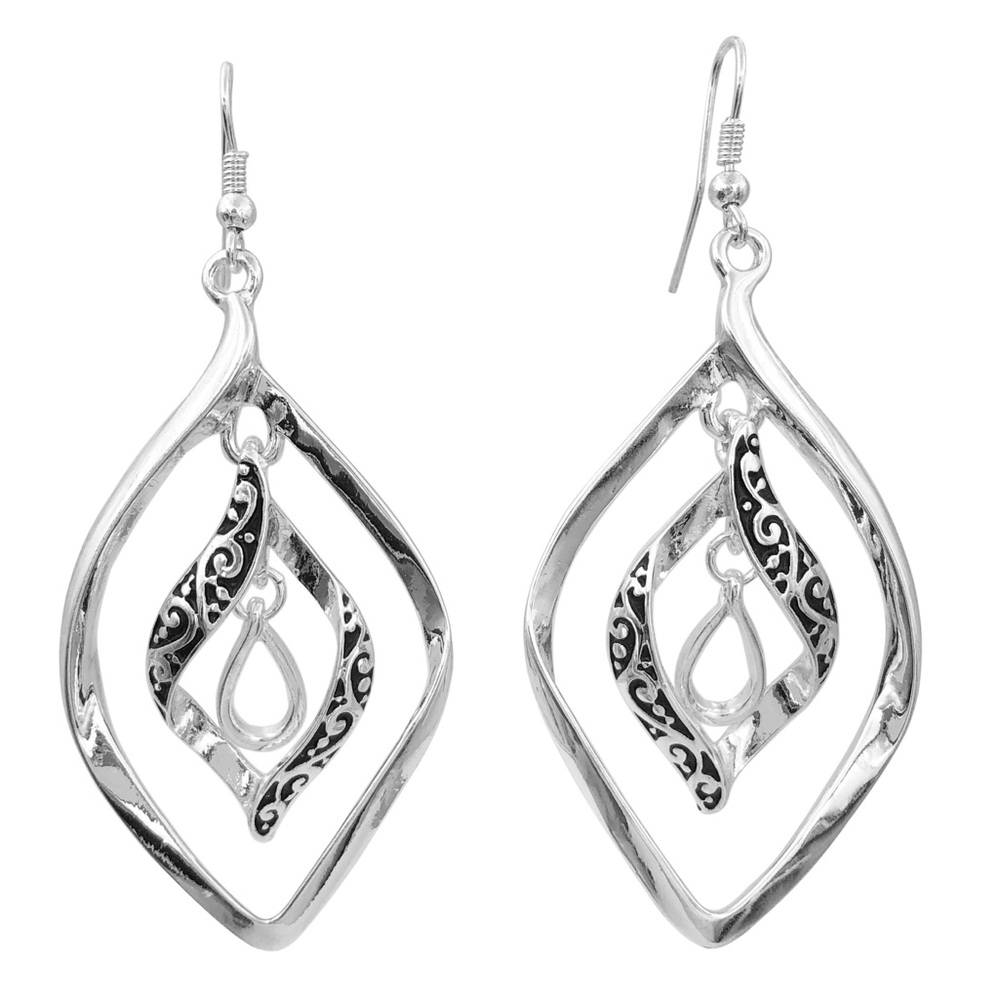 3 Layer Designer Inspired Swirl Classic Silver Tone Statement Dangle Earrings
